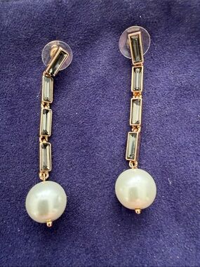 Gold-Tone Pearl Drop Earrings with Smoky Crystal Accents